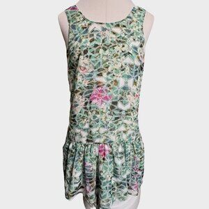 LOVERS +‎ FRIENDS Deep Vee Back Geometric Mini Dress XS Green Multi Silky Sexy